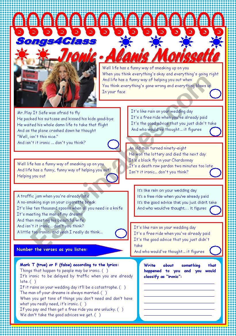 Songs4Class: Ironic  Alanis Morissette  listening + comprehension [4 tasks + tasks suggested] ((2 pages)) ***editable